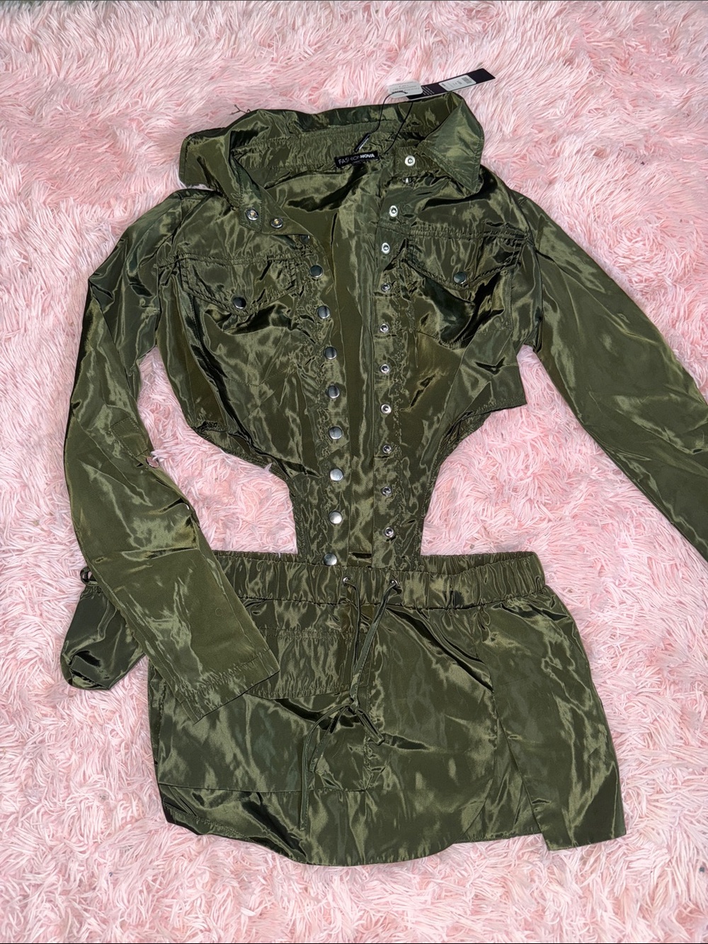 Women's Olive Crop Utility Jacket with Cinch Waist